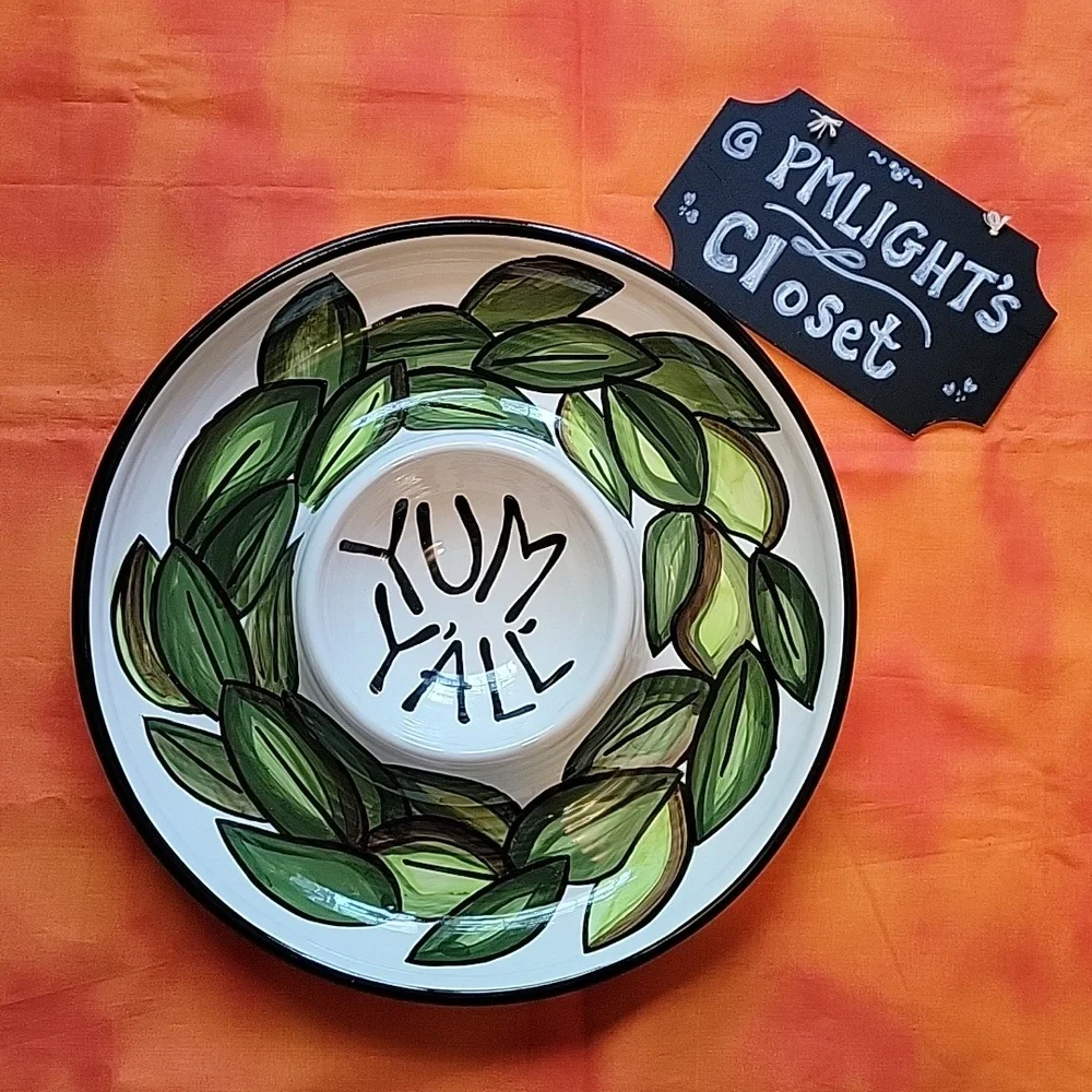 Glory Haus Chip and Dip Ceramic Serving Bowl Yum Y'all White Green Black